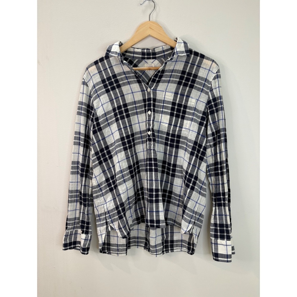J.Crew The Perfect Shirt Navy Blue White Plaid Cotton Popover Blouse Womens L